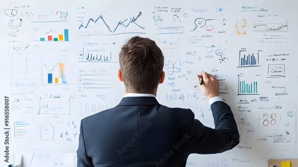 A Businessman Sketching Business Strategy on Whiteboard A Businessman Sketching Business Strategy on Whiteboard