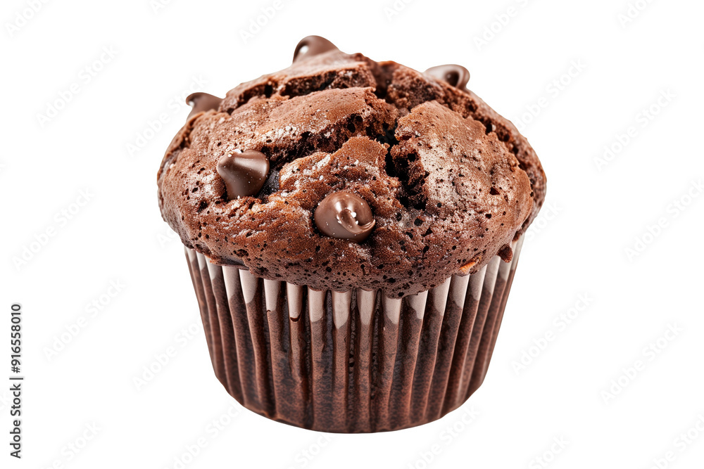 A freshly baked and fluffy chocolate muffin or cupcake isolated on white transparent background, beautifully topped with delightful sweet choco flakes A freshly baked and fluffy chocolate muffin or cupcake isolated on white transparent background, beautifully topped with delightful sweet choco flakes