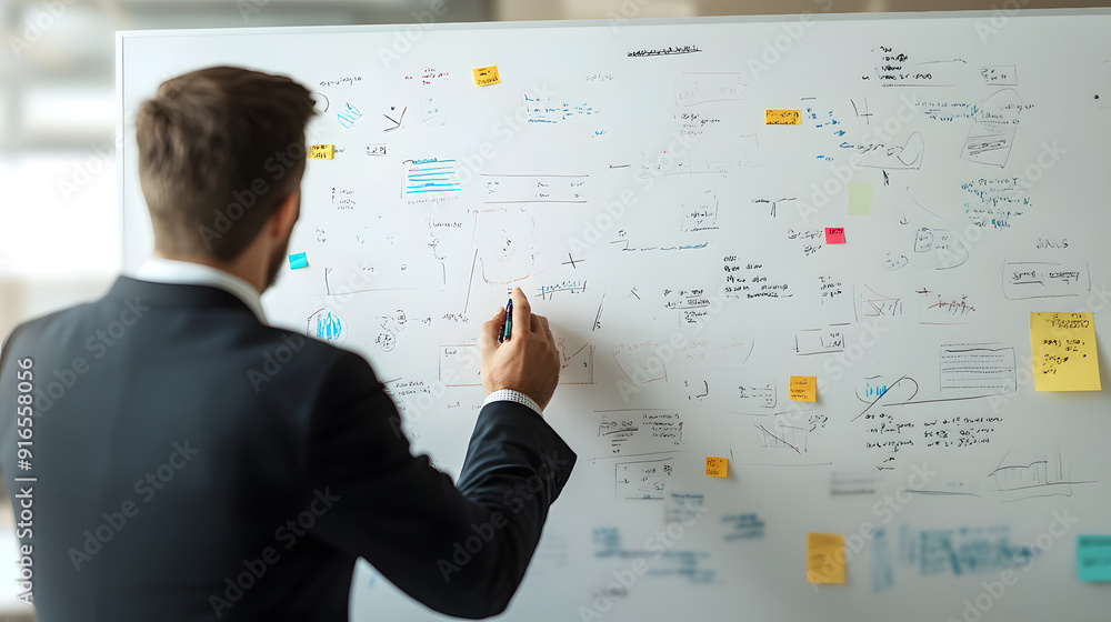 A Businessman Sketching Business Strategy on Whiteboard A Businessman Sketching Business Strategy on Whiteboard