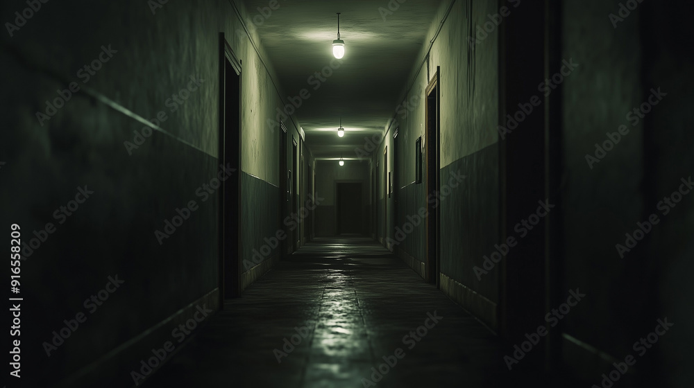 Dark Narrow Hallway with Dim Lighting and Eerie Atmosphere Dark Narrow Hallway with Dim Lighting and Eerie Atmosphere