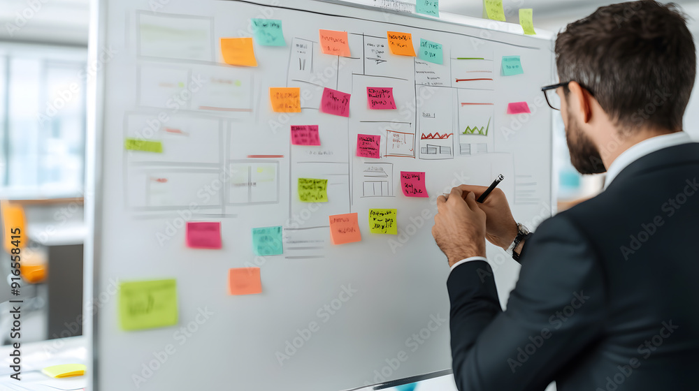 A Businessman Sketching Business Strategy on Whiteboard A Businessman Sketching Business Strategy on Whiteboard