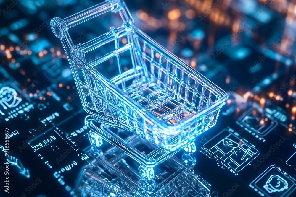 Modern digital shopping cart over network interface, symbolizing online retail and e-commerce technology. Modern digital shopping cart over network interface, symbolizing online retail and e-commerce technology.