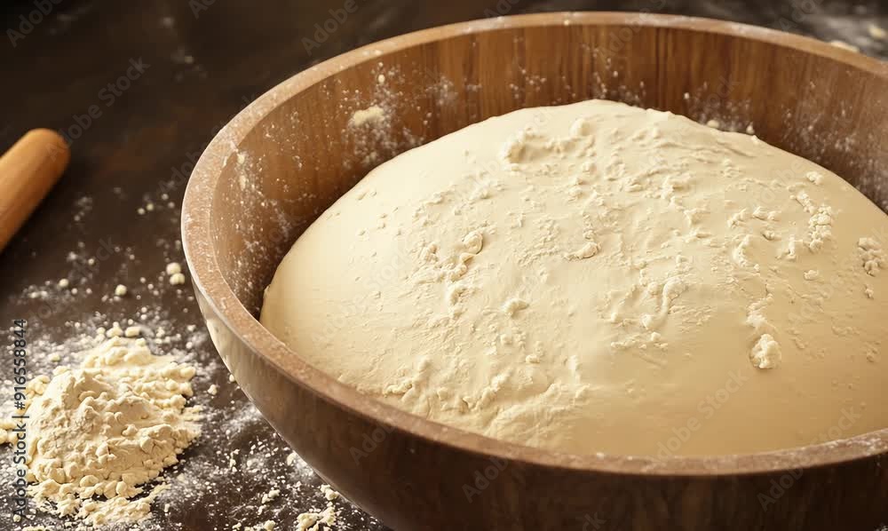 Bowl of flour and rolling pin on dark background, selective focus Bowl of flour and rolling pin on dark background, selective focus