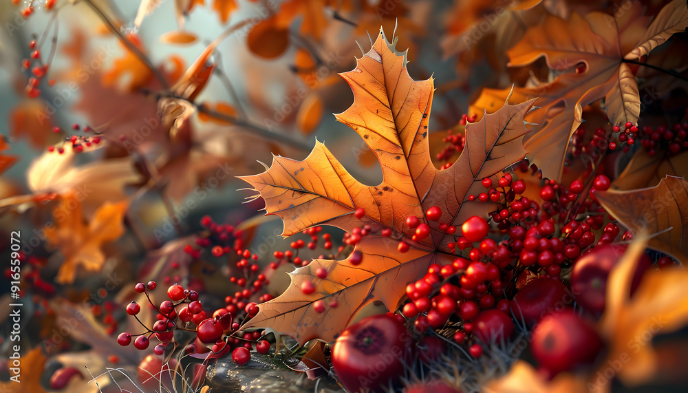 Close-up of red berries and autumn leaves, with a blurred background. Close-up of red berries and autumn leaves, with a blurred background.