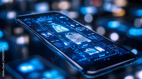 Futuristic smartphone with a glowing interface on a blurred background. High-tech concept for digital innovation and connectivity.