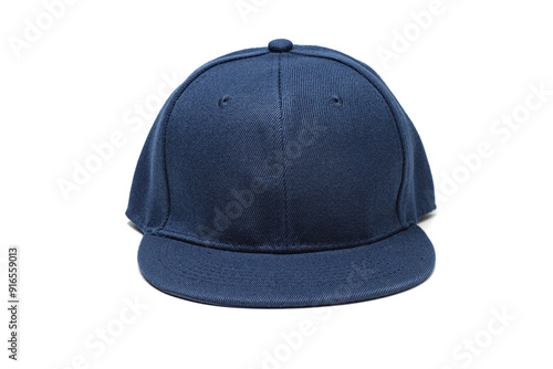 front view of plain, empty, blank snapback cap. Navy blue coloured hat. isolated in white background.