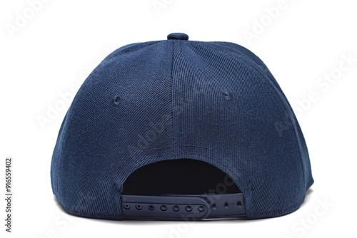 rear view of plain, empty, blank snapback or baseball cap. Navy blue coloured hat. showing it's back panel and fastener called clasp. isolated in white background.