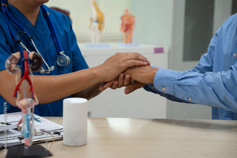 A male doctor sits and works at the table, explaining the urinary system and penile health to anxious patients. Consultations cover sexual matters, sterilization, and other related concerns. A male doctor sits and works at the table, explaining the urinary system and penile health to anxious patients. Consultations cover sexual matters, sterilization, and other related concerns.