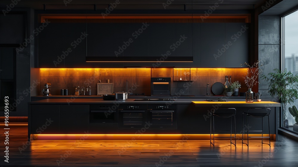 New modern black kitchen in a new apartment, banner. Generative AI. New modern black kitchen in a new apartment, banner. Generative AI.