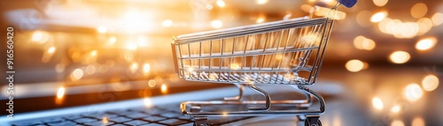 A close-up of a shopping cart on a laptop keyboard with a bright, sparkling background, symbolizing online shopping. photo