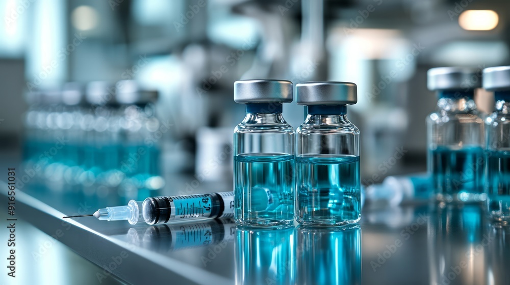 Stainless steel tables hold bottles and syringes neatly arranged, emphasizing the importance of sterility in a clinic room. Stainless steel tables hold bottles and syringes neatly arranged, emphasizing the importance of sterility in a clinic room.
