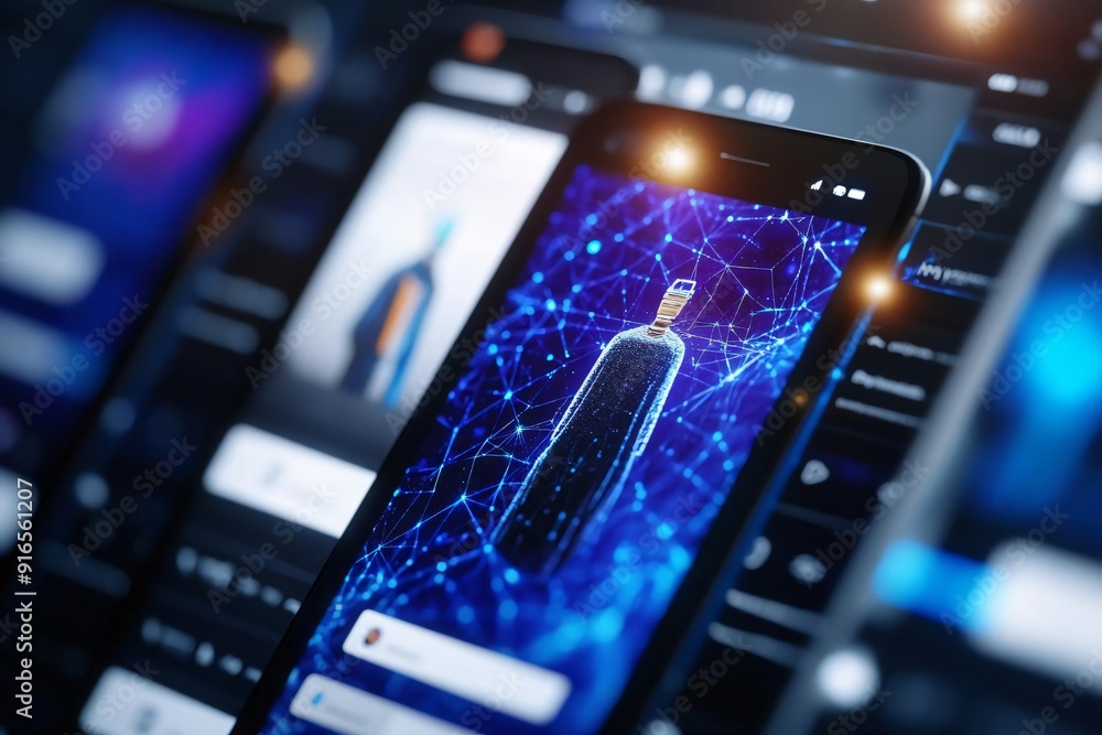 Obraz premium Modern smartphone displaying digital product with a network background, symbolizing technology and innovation in digital marketing.