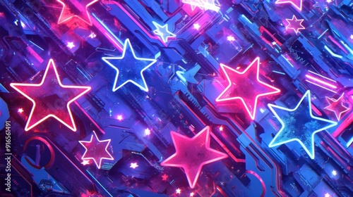 Glowing neon stars on a dark background with a circuit board pattern. Abstract futuristic technology concept with digital and electronic elements. Red, blue and purple lights shine