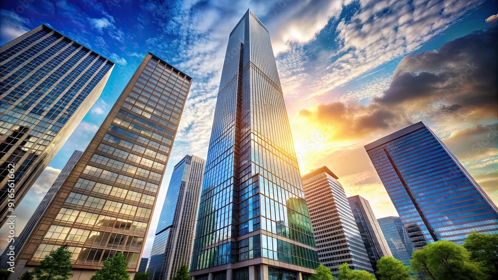Fototapeta premium Tall and modern skyscraper buildings in urban city landscape, skyscrapers, cityscape, architecture, tall