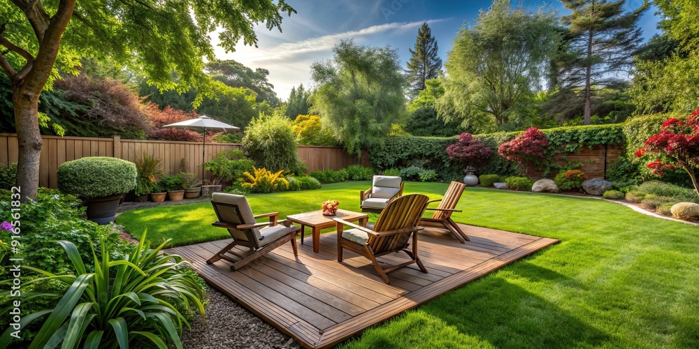 Obraz premium Tranquil backyard setting for relaxation, peaceful, serene, calm, outdoor, nature, backyard, quiet, tranquil, relaxation