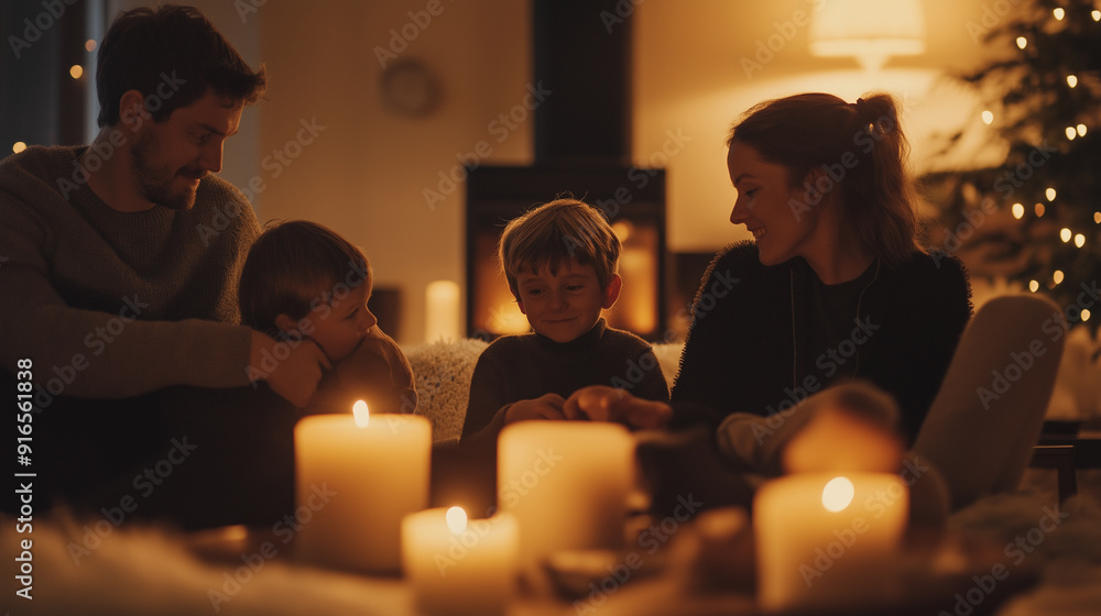 Scandinavian Family Enjoying a Cozy Hygge Evening with Candles and Snacks Scandinavian Family Enjoying a Cozy Hygge Evening with Candles and Snacks