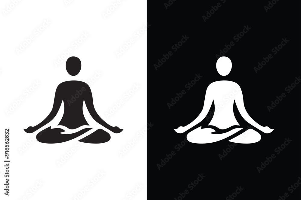 A person meditating in calmness flat vector icon silhouette for yoga meditation. Yoga Fitness Icon black white A person meditating in calmness flat vector icon silhouette for yoga meditation. Yoga Fitness Icon black white