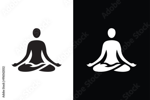 A person meditating in calmness flat vector icon silhouette for yoga meditation. Yoga Fitness Icon black white