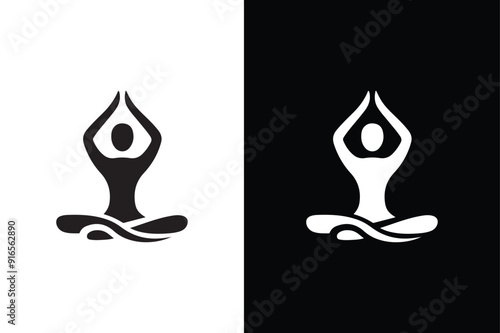A person meditating in calmness flat vector icon silhouette for yoga meditation. Yoga Fitness Icon black white background.