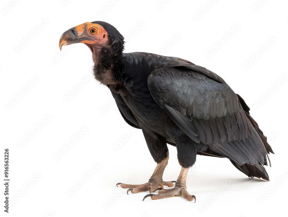 Obraz premium A black vulture with an orange face and beak stands on a white background, facing left.