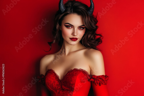 Portrait of a beautiful woman dressed as a sexy devil for halloween wearing red with devil horns