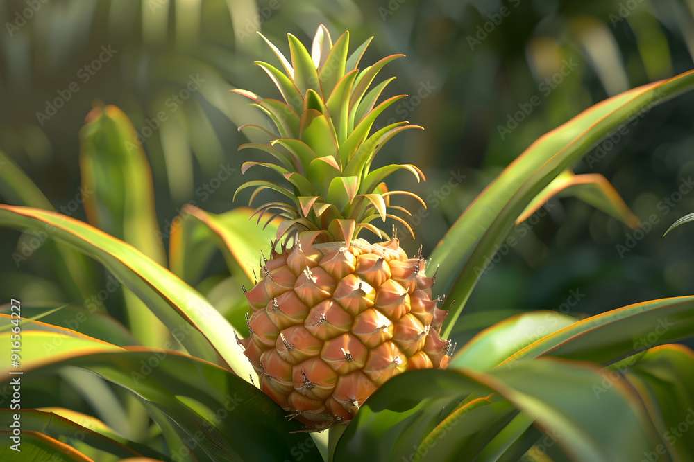 Closeup of a pineapple growing on a plant in the sun. Closeup of a pineapple growing on a plant in the sun.