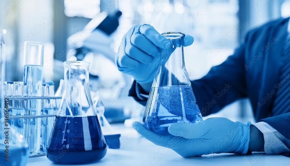 Laboratory Research: Scientist with Flask and Glassware in Chemical Lab Setting Laboratory Research: Scientist with Flask and Glassware in Chemical Lab Setting