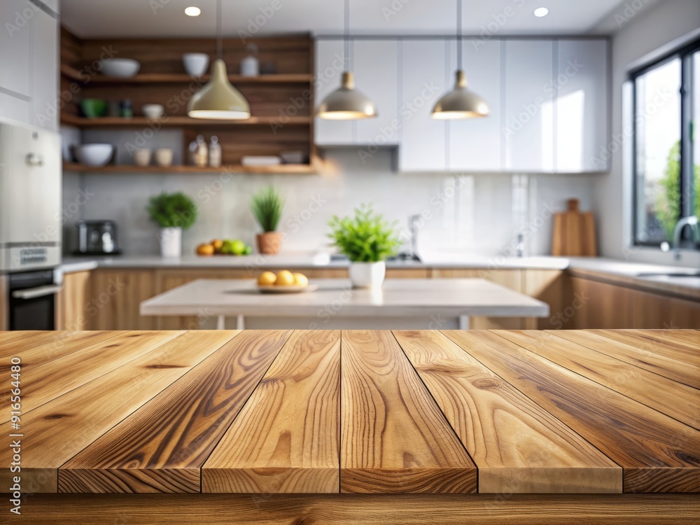 Fototapeta premium Natural wood grain table top with blurred kitchen background, perfect for showcasing products, food, or decorative items in a modern setting.