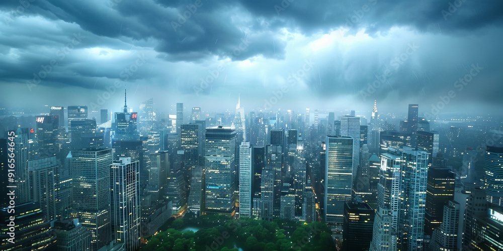 Fototapeta premium Dramatic storm clouds over skyscrapers in urban landscape during twilight