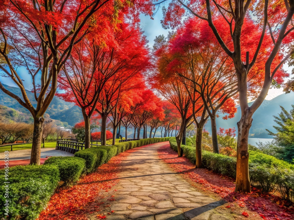 Vibrant red sweet gum trees surround winding path in tranquil Tai Lam Country Park during winter in Hong Kong. Vibrant red sweet gum trees surround winding path in tranquil Tai Lam Country Park during winter in Hong Kong.