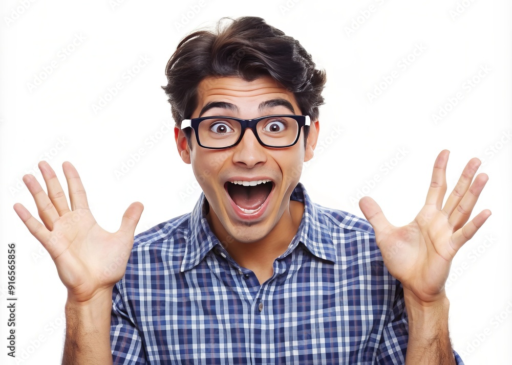 Amused young male with dark hair and glasses displaying shocked expression with hands up in surprise, isolated on white. Amused young male with dark hair and glasses displaying shocked expression with hands up in surprise, isolated on white.