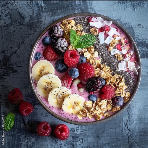 a beautifully arranged smoothie bowl. The bowl should be filled with a creamy smoothie made from 200g frozen mixed berries strawberries, raspberries, blueberries, blackberries photo