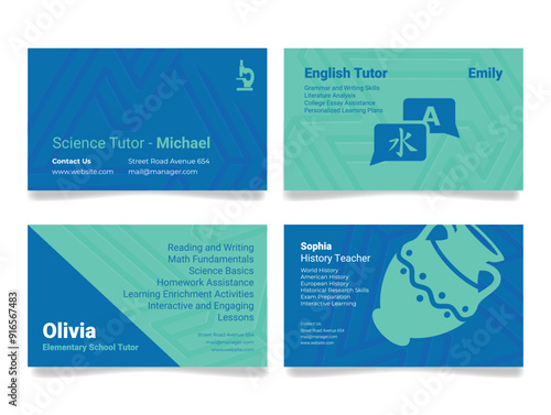 Creative business cards showcasing diverse tutoring services for students in a vibrant learning environment