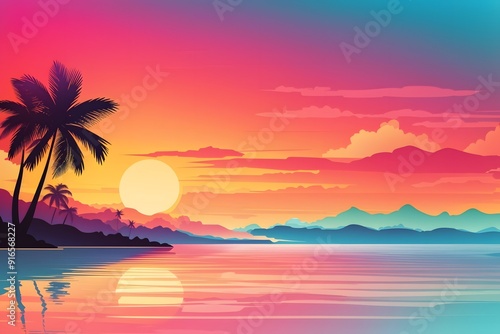 Ocean landscape with coconut trees in silhouette against sunset nature background 