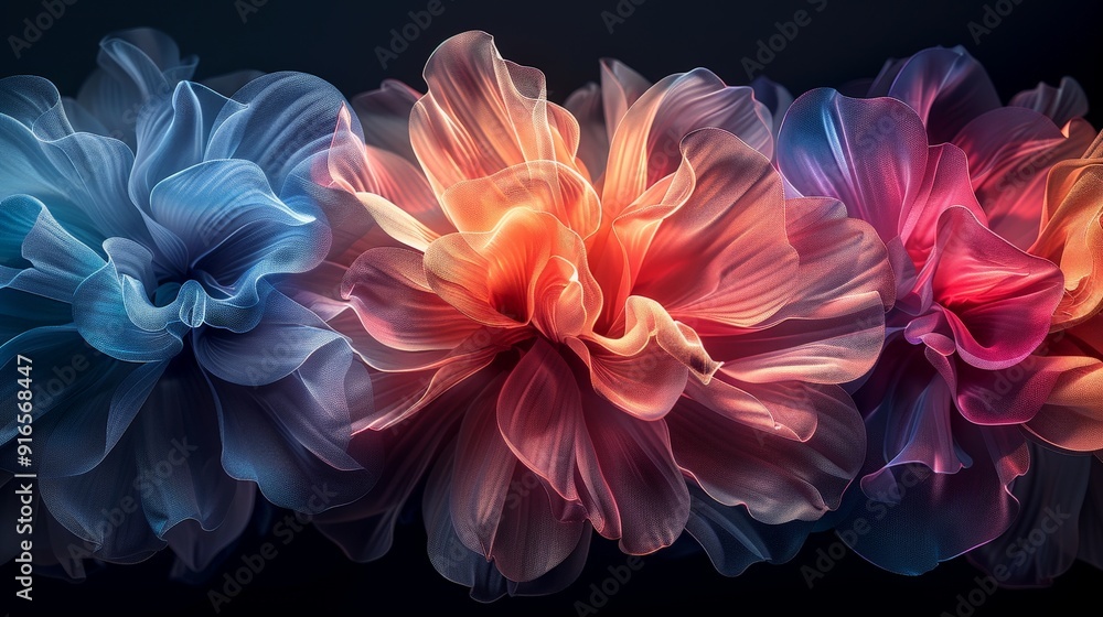 Abstract 3D flower composition with rich colors and a black background Abstract 3D flower composition with rich colors and a black background