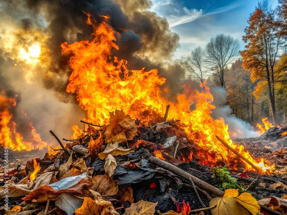 Fiery blaze engulfs dry leaves, wood, and plastic waste in an intense open-air inferno, surrounded by dark smoke and flames. Fiery blaze engulfs dry leaves, wood, and plastic waste in an intense open-air inferno, surrounded by dark smoke and flames.