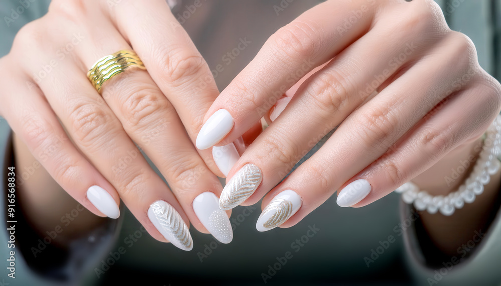 Elegant manicured hands displaying beautiful white nail art with intricate designs, perfect for fashion and beauty themes. Elegant manicured hands displaying beautiful white nail art with intricate designs, perfect for fashion and beauty themes.