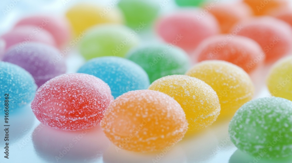A high-quality shot of rainbow-colored sour candies, displayed on a white surface with their bright, eye-catching hues. A high-quality shot of rainbow-colored sour candies, displayed on a white surface with their bright, eye-catching hues.