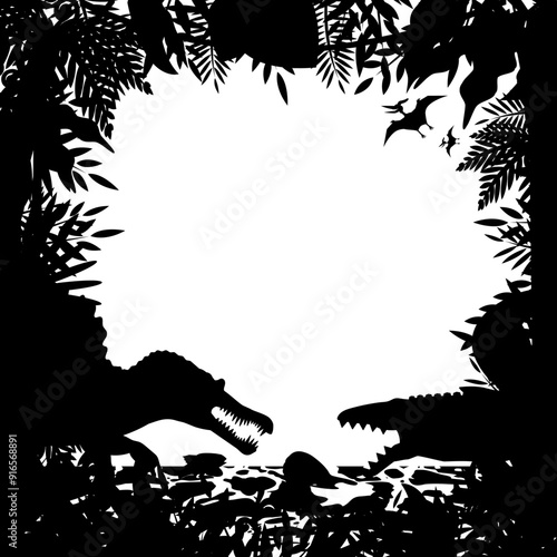 太古の植物と白亜紀の海恐竜のシルエットフレーム（背景）