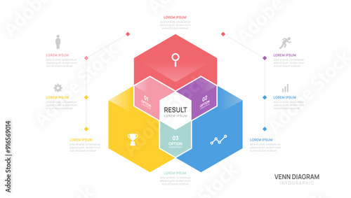 Infographic Hexagon Venn diagram chart template for business start up presentation with venn diagram elements vector illustration.