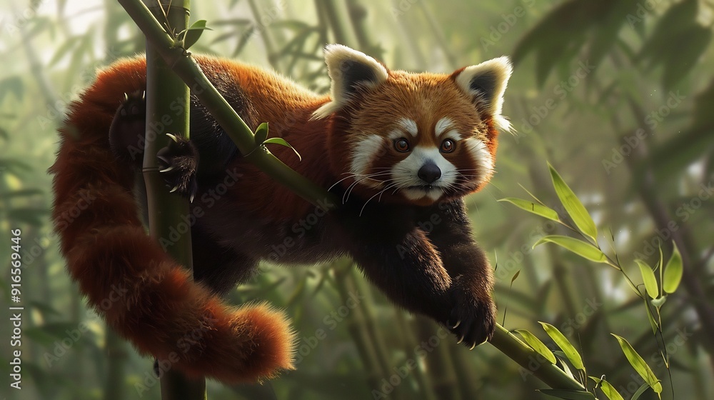 Fototapeta premium Cute Red Panda Climbing Bamboo Stalk in Forest. ai-generated