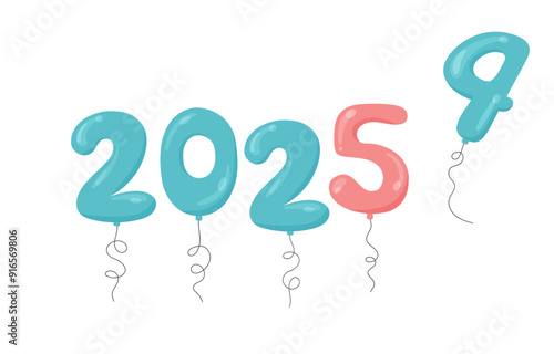 2025 New year change. 2024 ending. Balloons 2025 numbers and flying away digit 4 vector illustration. Flat style colorful helium balloons isolated