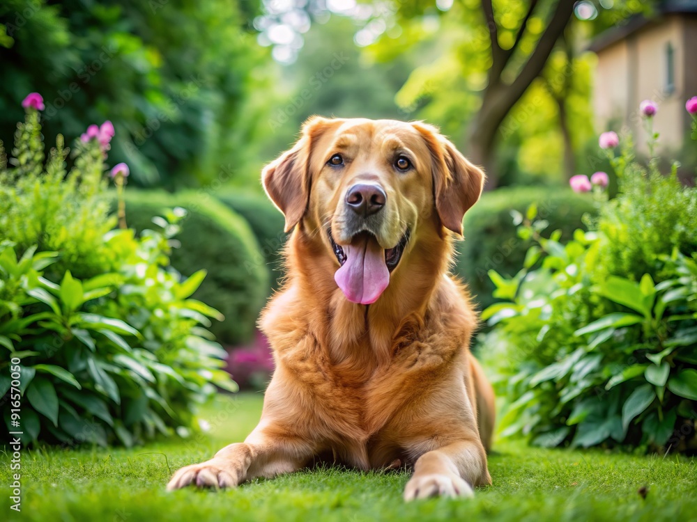 Adorable large brown canine with tongue hanging out relaxes in a serene green lawn surrounded by lush garden foliage scenery. Adorable large brown canine with tongue hanging out relaxes in a serene green lawn surrounded by lush garden foliage scenery.