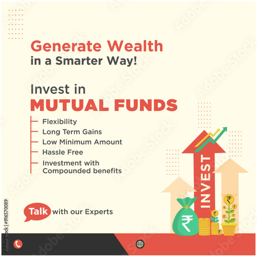 Generate Wealth. Mutual funds, SIP Concept Design Post vector template. Digital Marketing, Advertising, Social Media marketing templates.