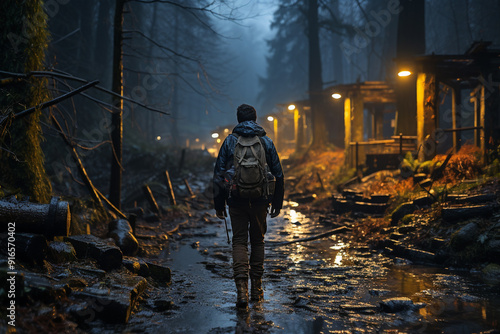 Man in a blue jacket and a black backpack, walks through a forest, on the ground wet by the rain, along a path full of warm lamps, travel and exploration, generative AI.