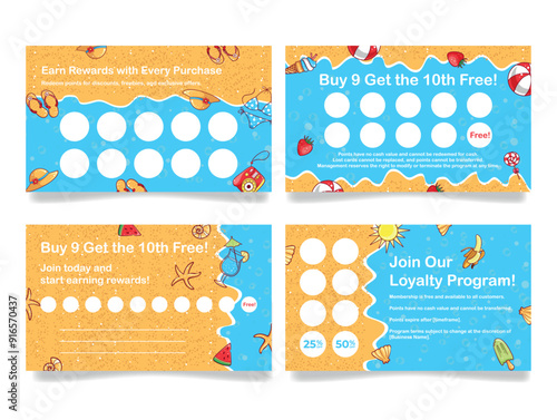 Engaging summer loyalty program cards with playful beach-themed designs inviting customers to earn rewards