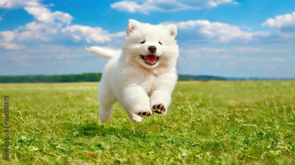 Playful Samoyed Puppy Running Joyfully Across a Lush Green Field Playful Samoyed Puppy Running Joyfully Across a Lush Green Field