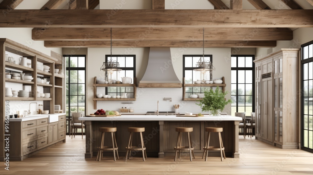 Modern farmhouse kitchen with wood beams, large windows, and an island ...