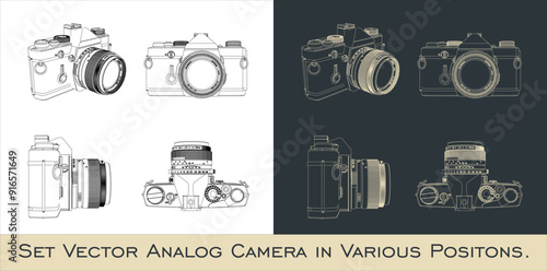 set analog slr camera line drawing of old retro  with telephoto lens. classic Vintage photography equipment blueprint wireframe from all view top corner side back isolated in transparent background
