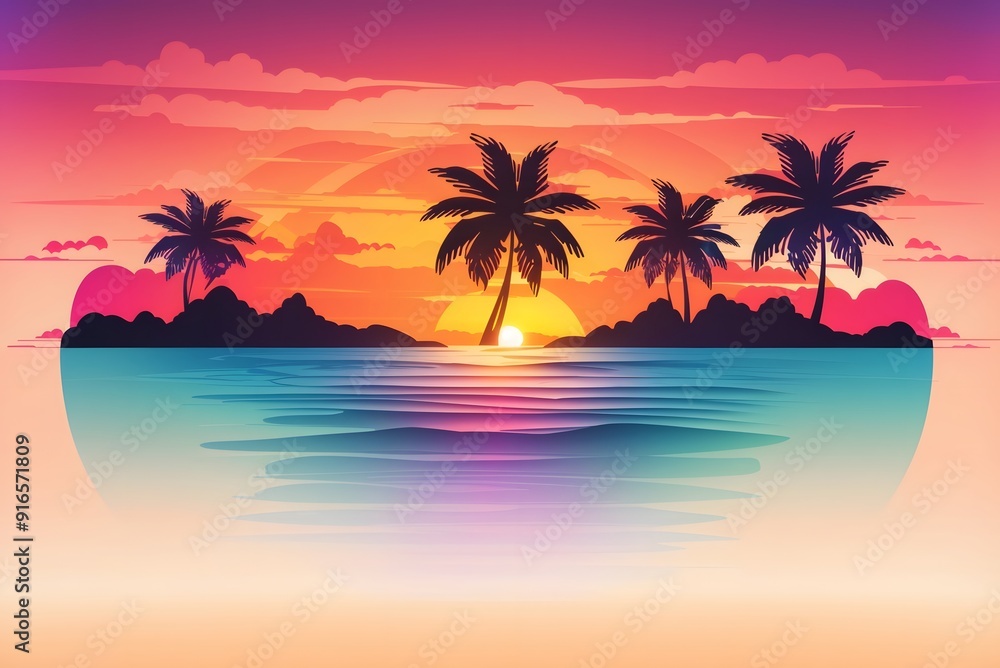 Ocean landscape with coconut trees in silhouette against sunset nature background
Ocean landscape with coconut trees in silhouette against sunset nature background